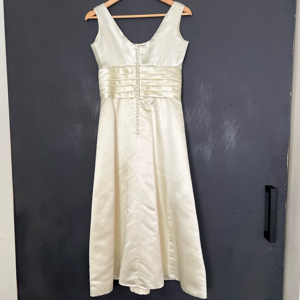 Womens Bridal Gown Cream Tea Length Satin Pleated Waist Elegant Minimalist Luxe - Picture 9 of 16